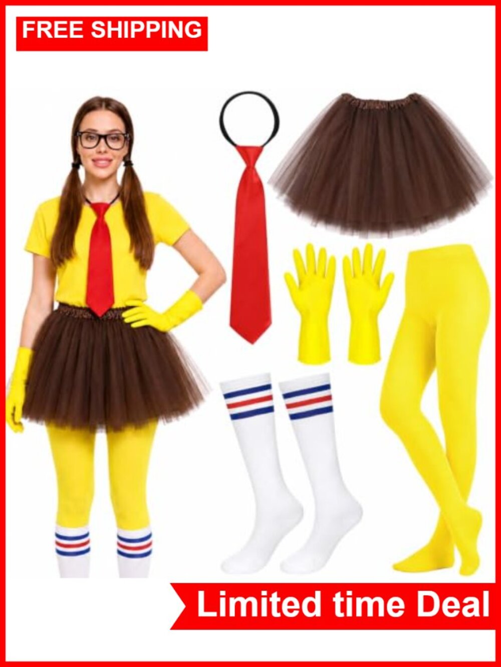 Halloween Costume Set Red Tie Yellow Gloves Tutu Skirt